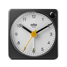 Braun BC02XBW analog reisevekkerklokke med lys og snooze, svart/hvit